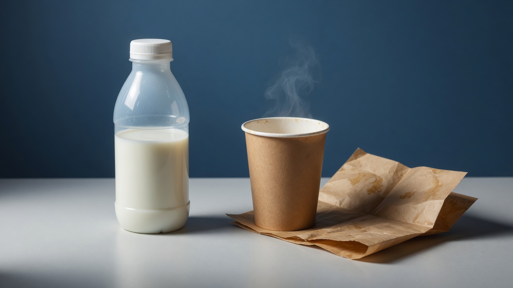 HDPE-Milchflasche und beschichteter Kraftpapier-Becher nebeneinander auf neutralem Untergrund — Materialvergleich zwischen Kunststoff-Monomaterial (PFAS-Risikoklasse 1, sehr gering) und beschichteter Faserverpackung (PFAS-Risikoklasse 4, hoch) gemäss Artikel 5 der EU-Verpackungsverordnung PPWR ab 12. August 2026.