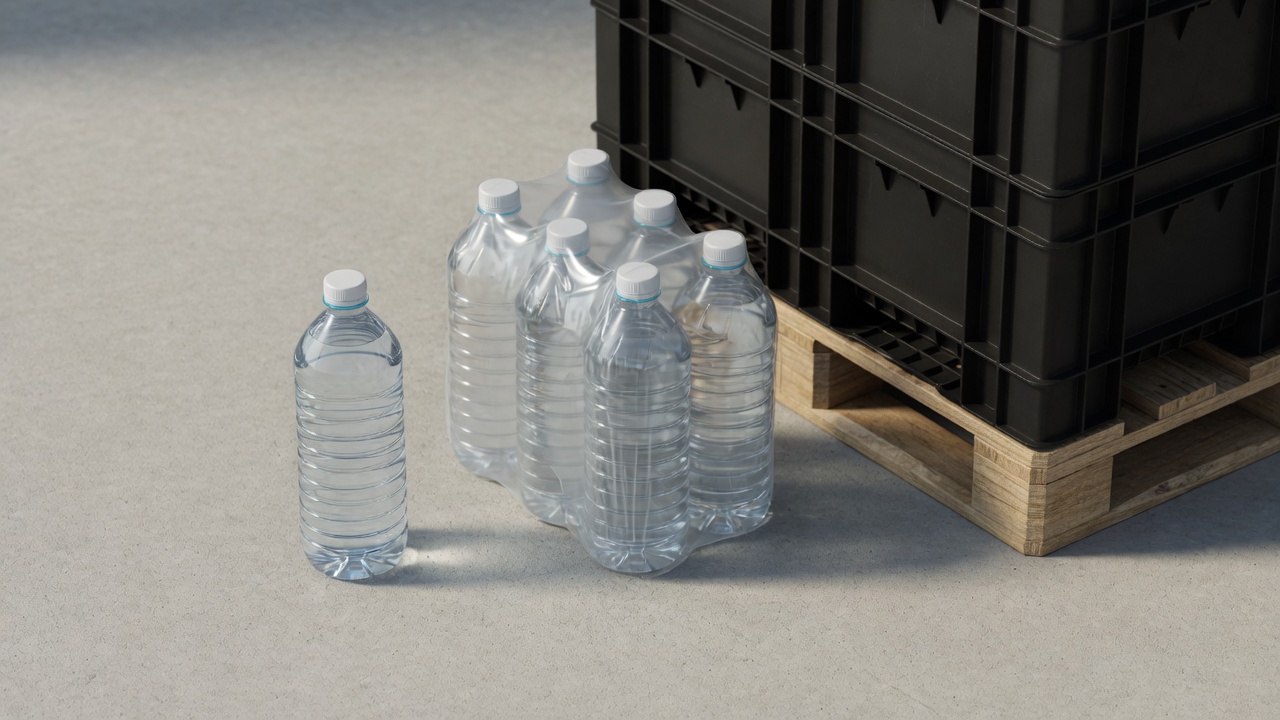 [Translate to Français:] Drei PPWR-Verpackungskategorien im Vergleich: PET-Trinkflasche als Verkaufsverpackung, Multipack-Bundle als Umverpackung, Palettenbox auf Euro-Palette als Transportverpackung.