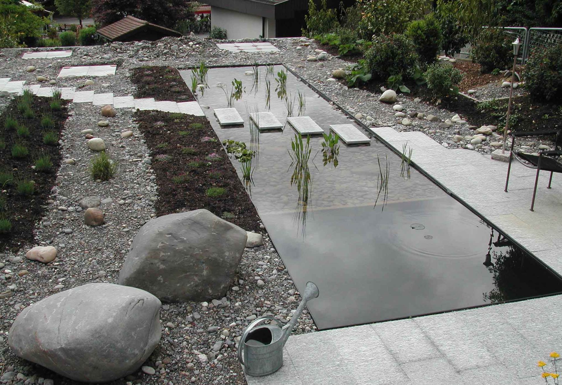 Bassin allongé et profond avec pas japonais et plantes aquatiques