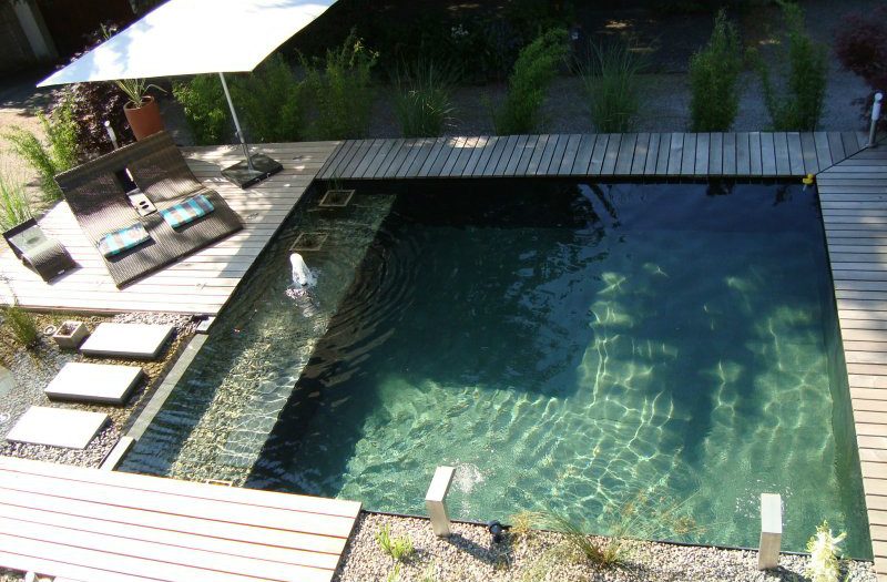 Étang de baignade rectangulaire à l'eau claire, entouré d'une terrasse en bois, avec transats et parasol