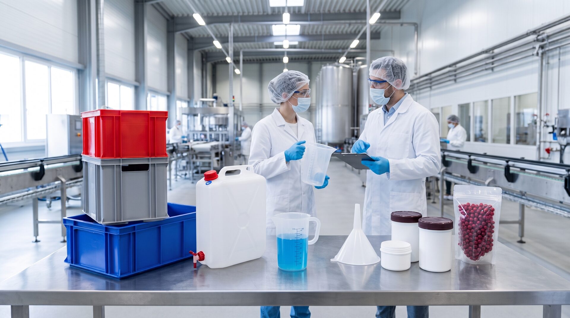 Zwei Fachleute in Hygienekleidung in einer Lebensmittelproduktion, davor Stapelbehälter, Kanister, Messbecher, Trichter und Dosen aus Kunststoff
