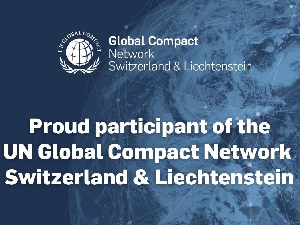 Banner reading «Proud participant of the UN Global Compact Network Switzerland & Liechtenstein»