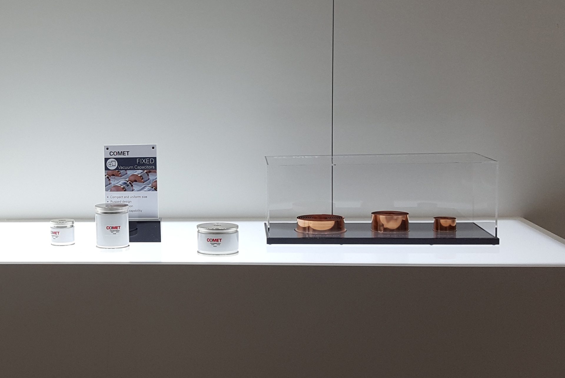 The display case on the exhibition counter at the trade fair stand