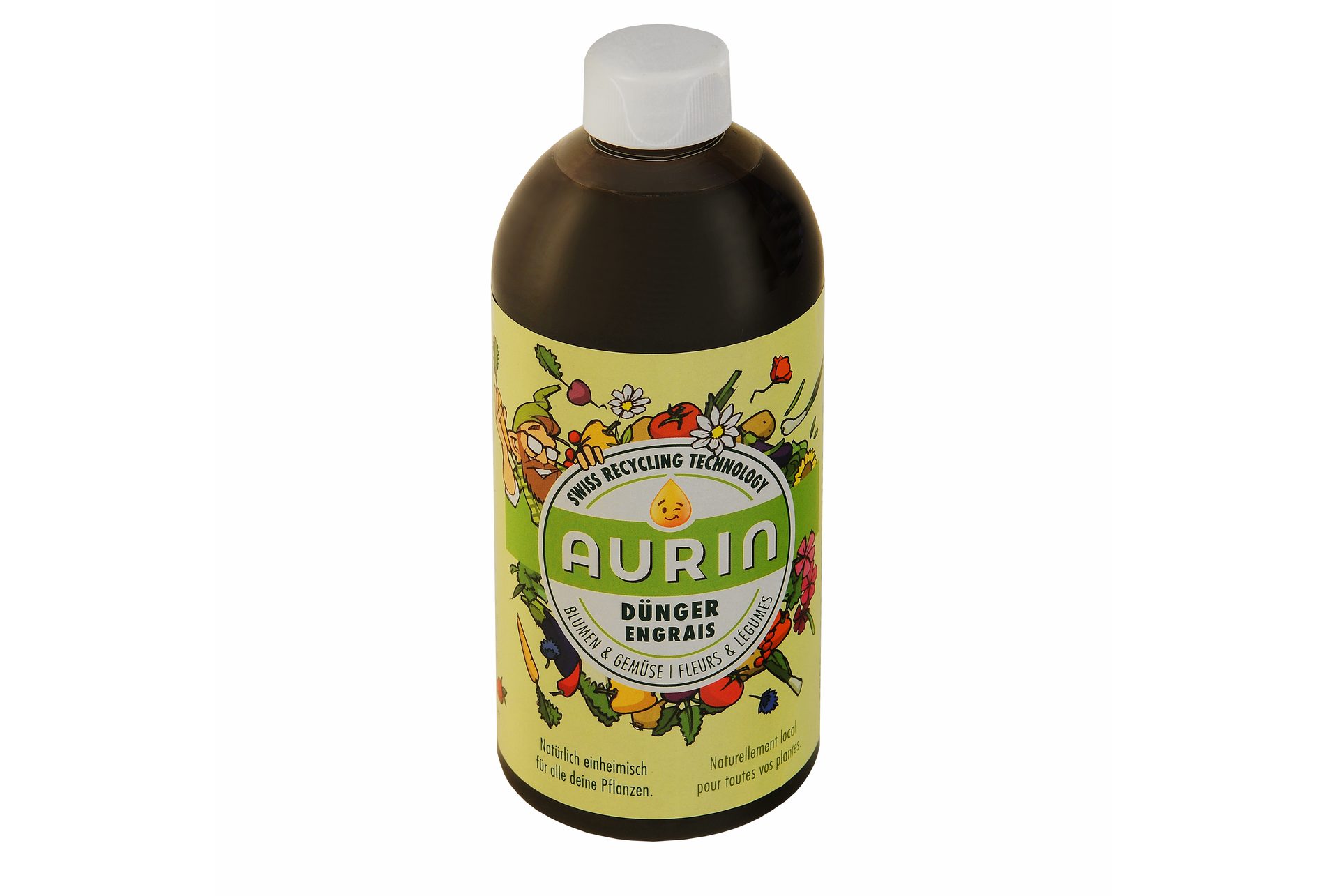 AURIN-Düngerflasche aus rezykliertem PET mit illustriertem Etikett