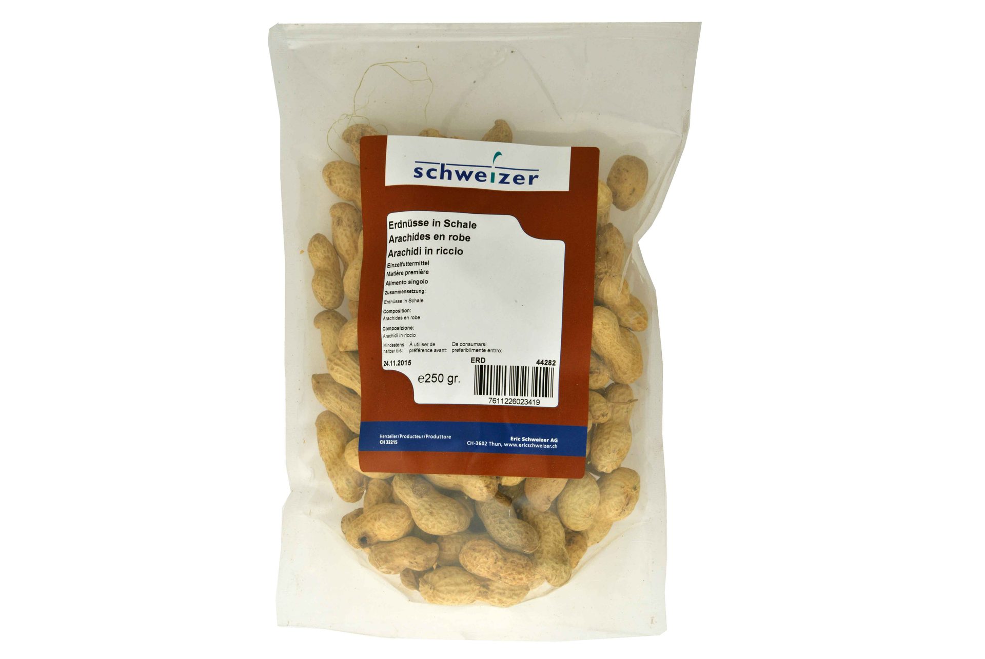 Transparent stand-up pouch with whole peanuts