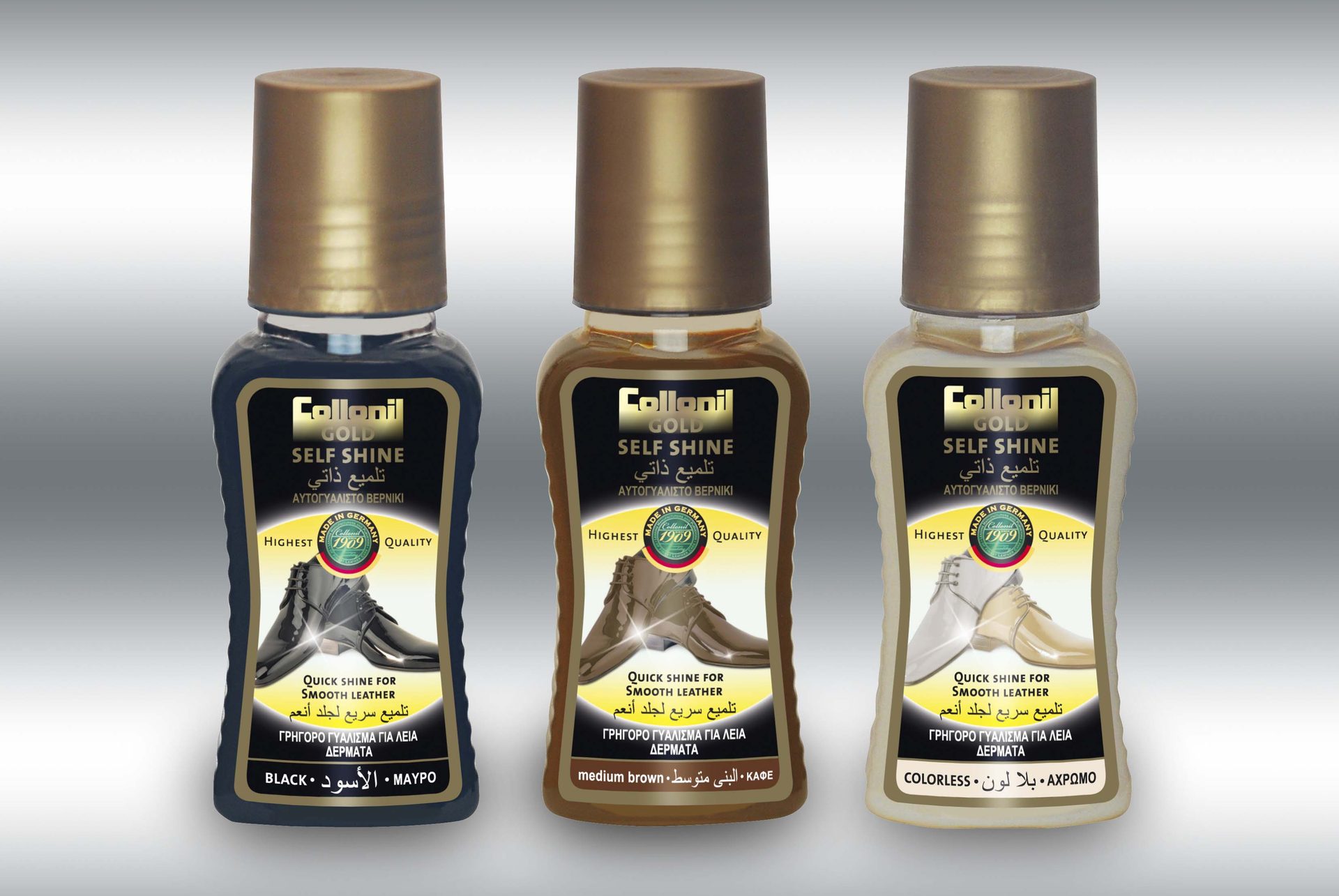 Drei PET-Flaschen der Collonil-Gold-Serie mit goldenen Verschlüssen