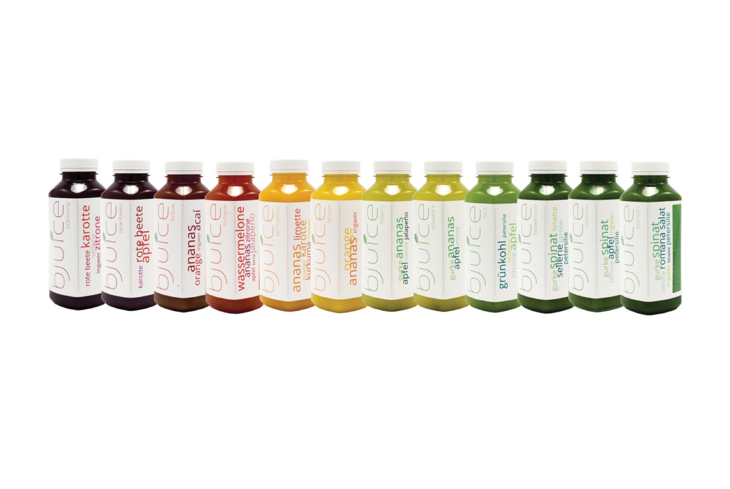 Rangée de jus bJuice dans des flacons en PET identiques aux étiquettes colorées