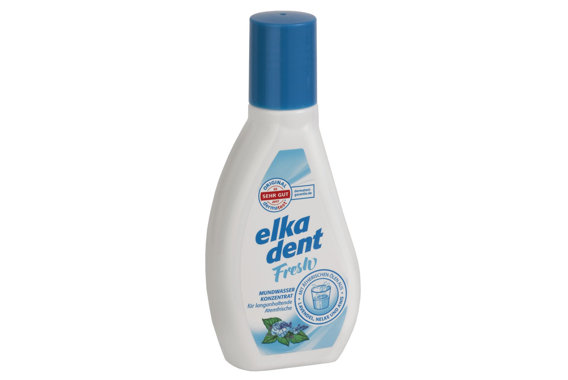 Geschwungene elkadent-Mundwasserflasche aus PET mit blauem Verschluss