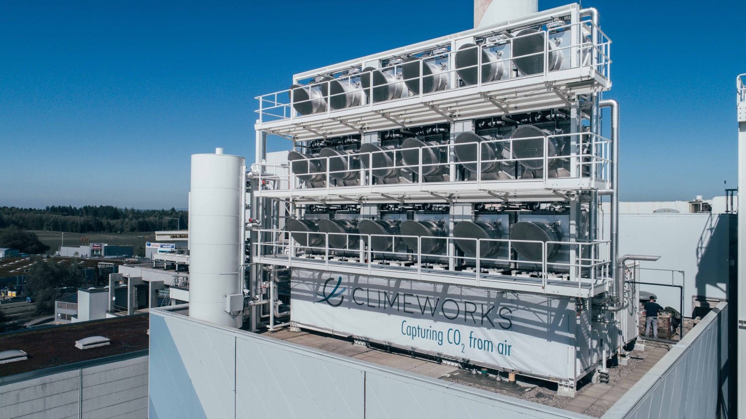 Aerial view of the Climeworks plant with its stacked collector modules