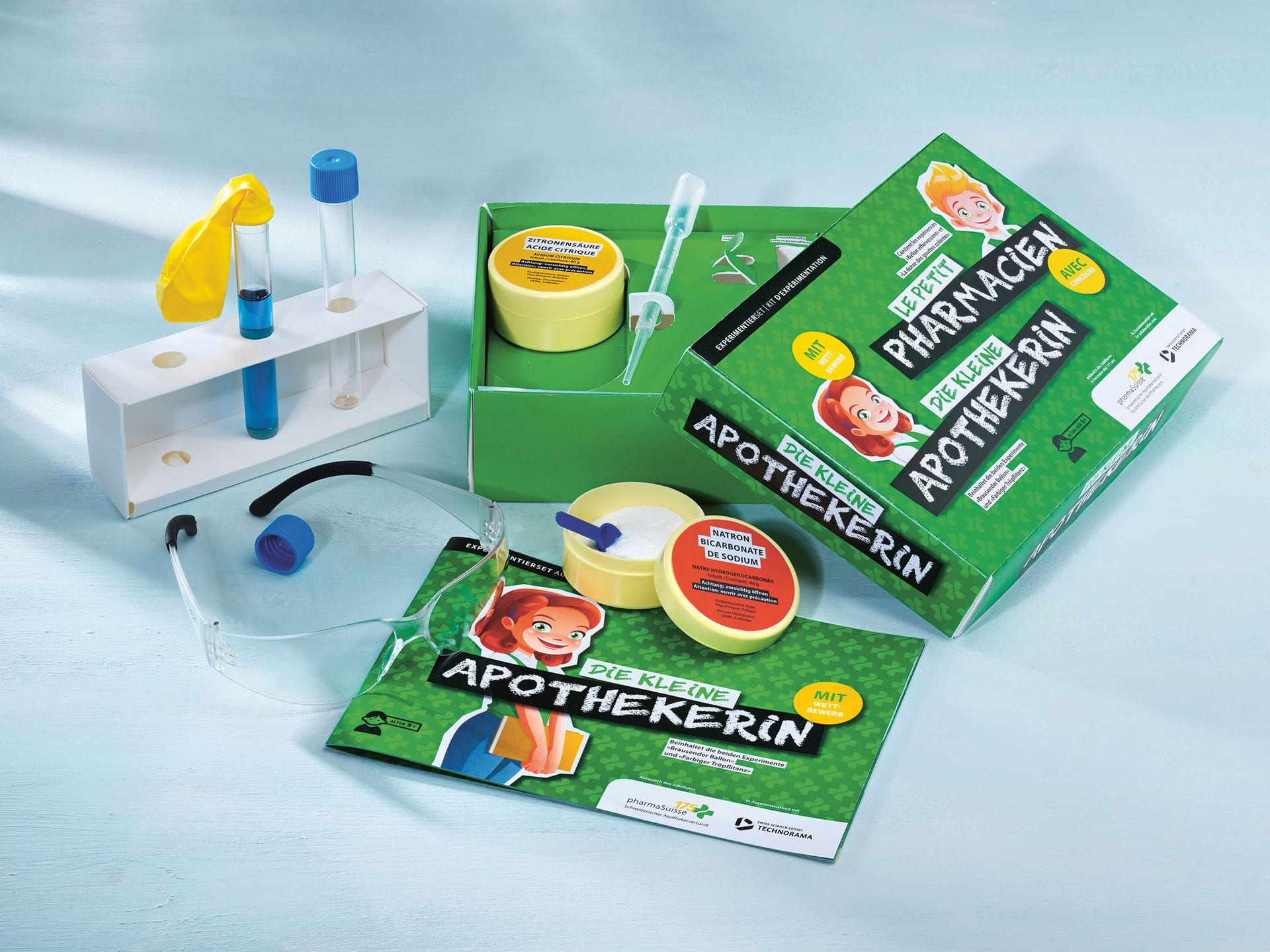 Experimentierset «Die kleine Apothekerin» von pharmaSuisse mit Reagenzröhrchen und Schutzbrille von Semadeni