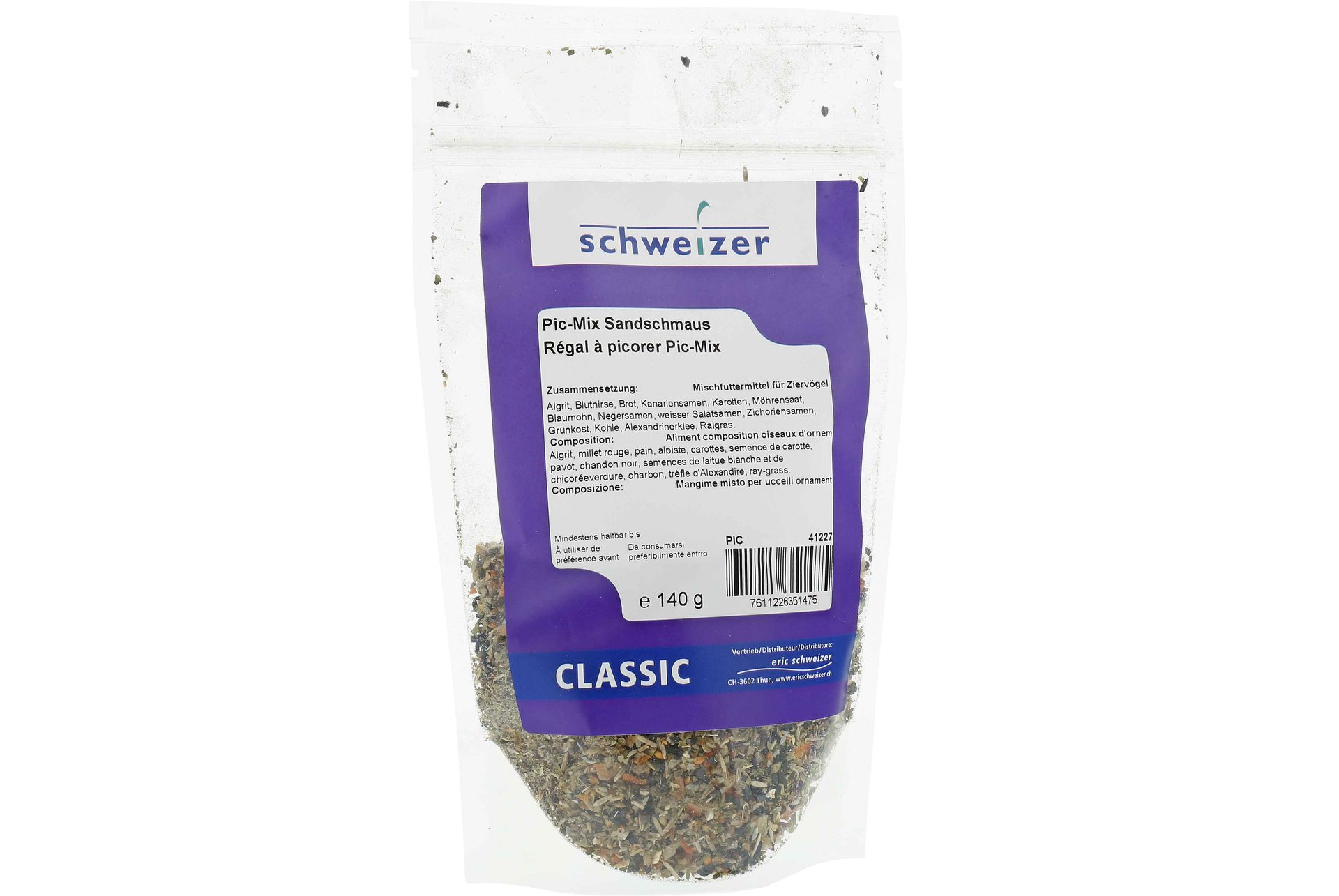 Stand-up pouch with bird food, standing on the shelf