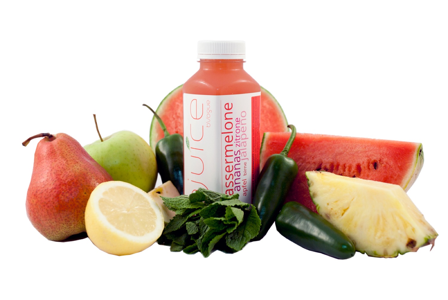 bJuice-Saftflasche aus PET, umgeben von frischen Früchten und Gemüse