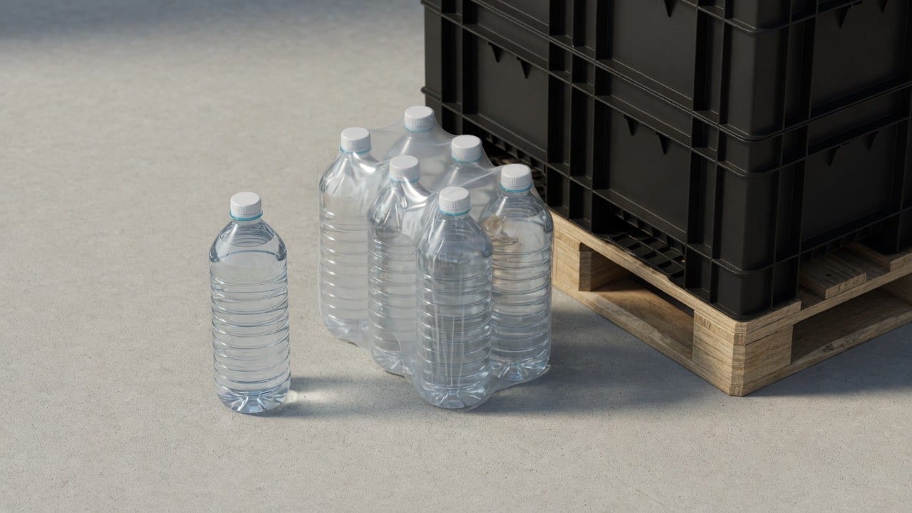 PET bottle, shrink-wrapped six-pack and plastic crates on a pallet